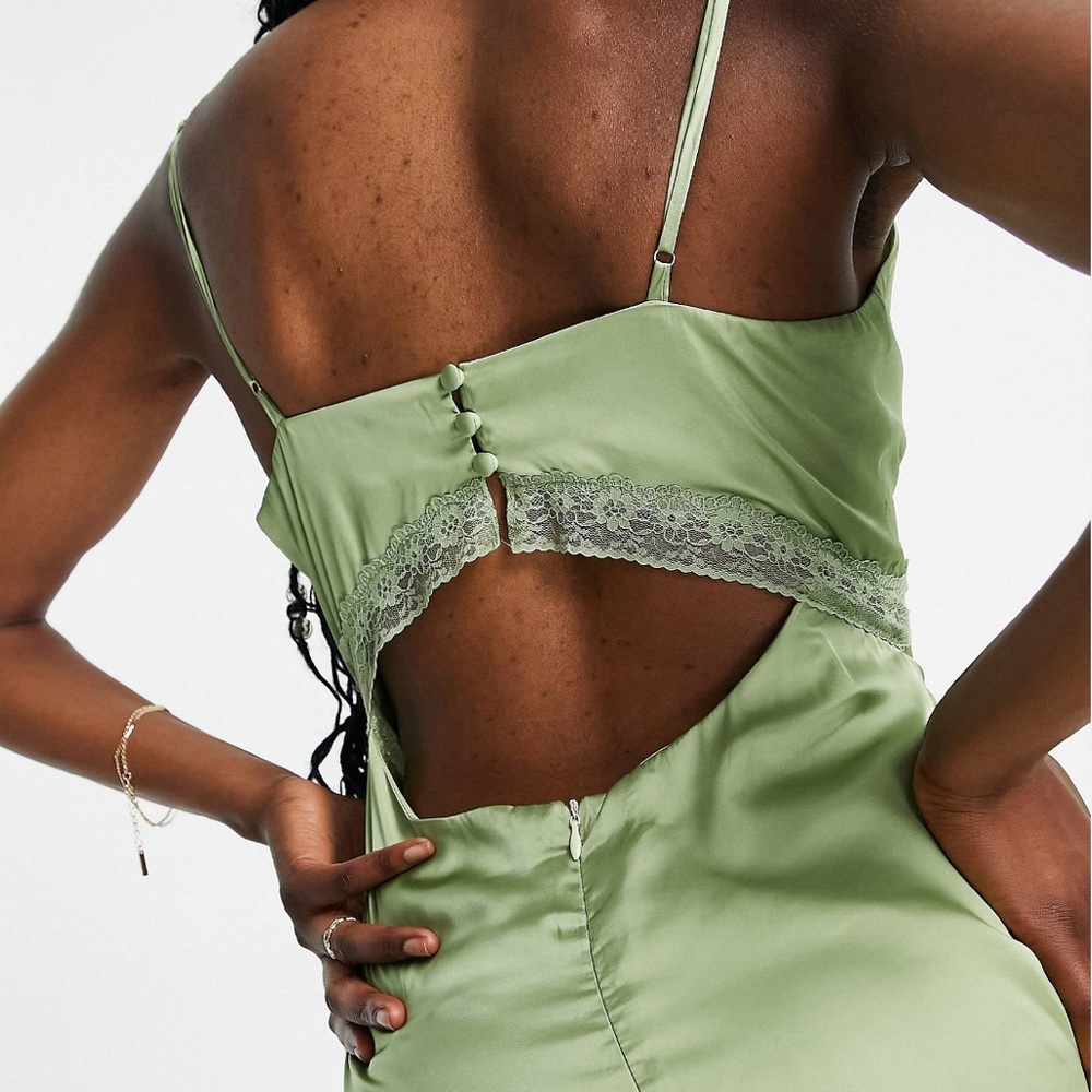Love Triangle Satin Cami Dress With Lace Trim - Sage Green - Picture 2 of 7